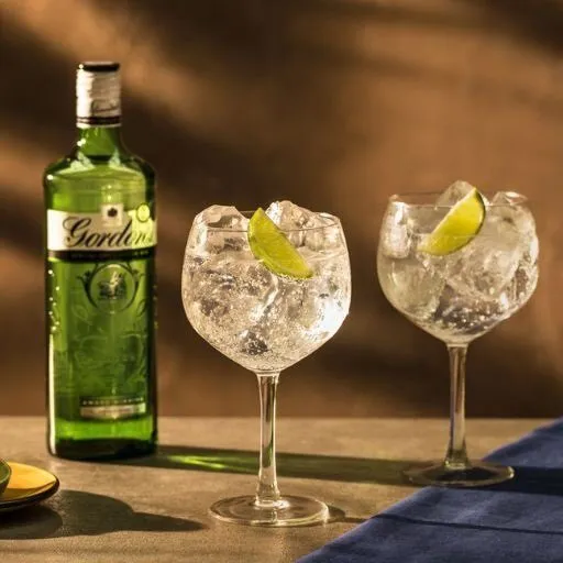 Duas taças de gin ao lado de uma garrafa de Gordon's Gin