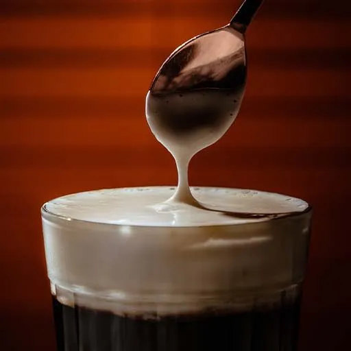 Uma imagem aproximada de uma colher de mistura acima de uma bebida com uma camada espessa de creme / espuma por cima. 