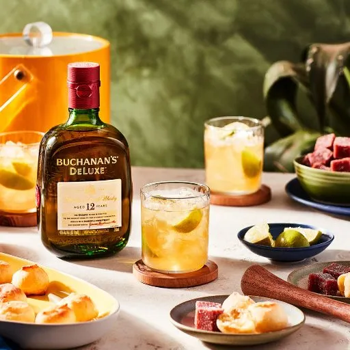 Garrafa de whisky Buchanan's Deluxe sobre a mesa, ao lado de alimentos e bebidas variados 
