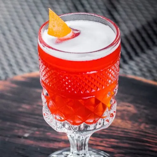 red cocktail on a wooden board.