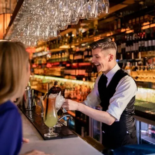Um sorridente bartender prepara um coquetel em um bar sofisticado       